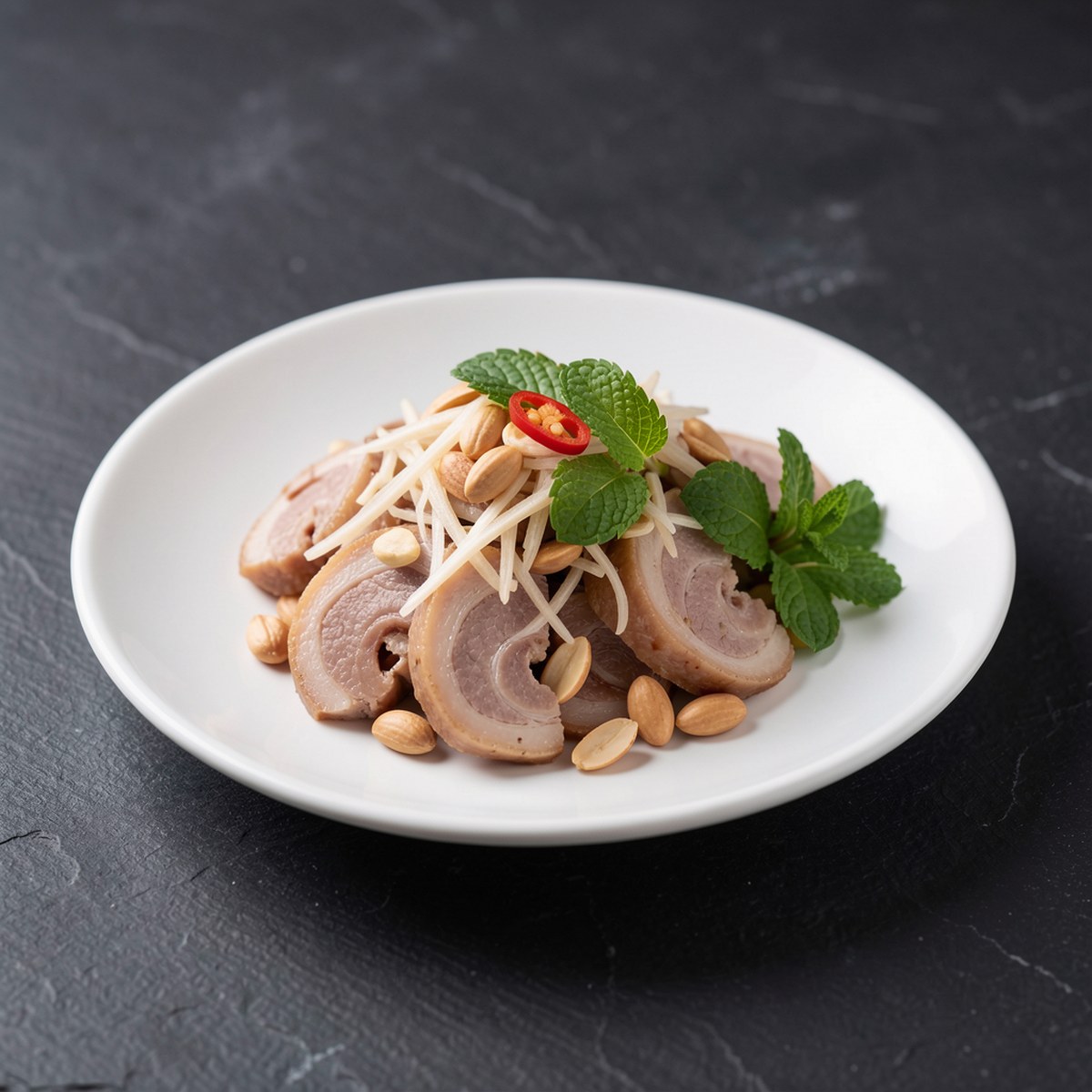 Đĩa tré trộn Trưởi Bà Năm với đậu phộng, rau thơm và ớt