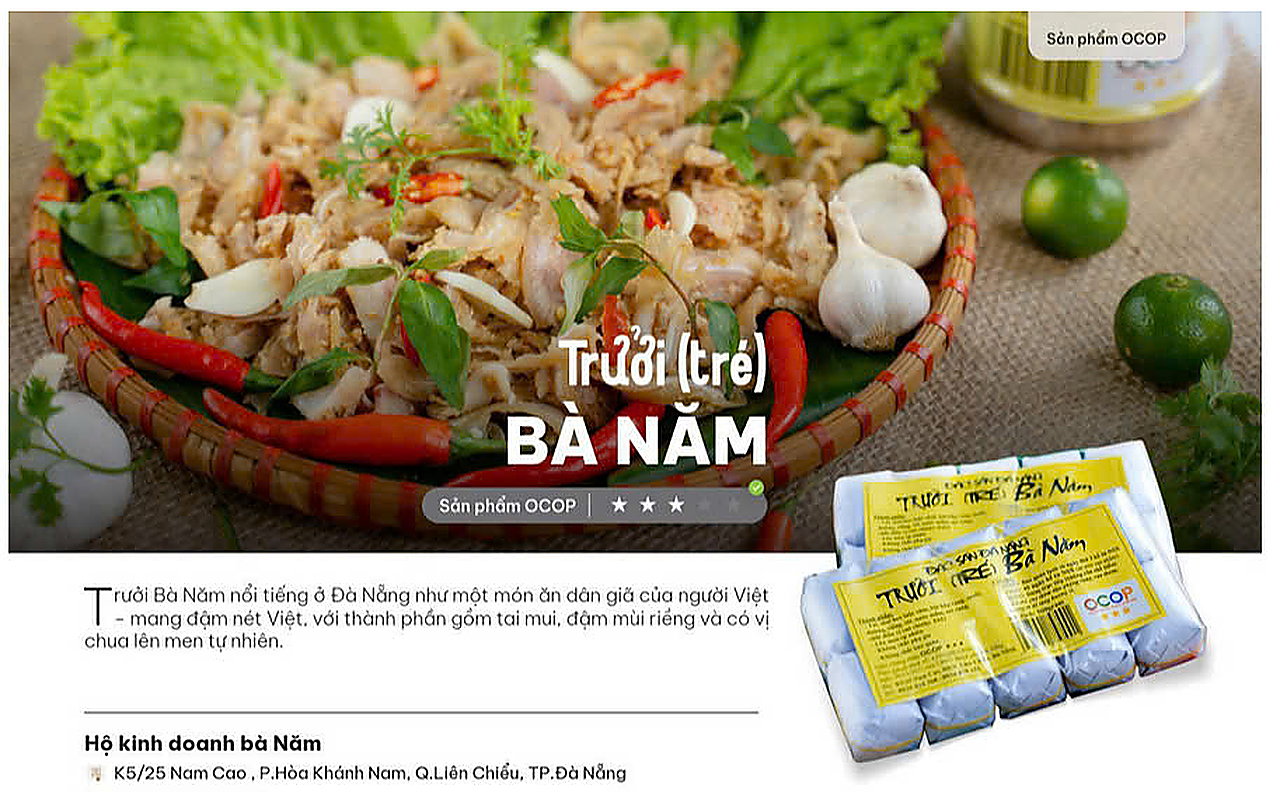 Trưởi Bà Năm đặc sản Đà Nẵng — sản phẩm OCOP đóng gói và món tré trình bày trong rổ mây